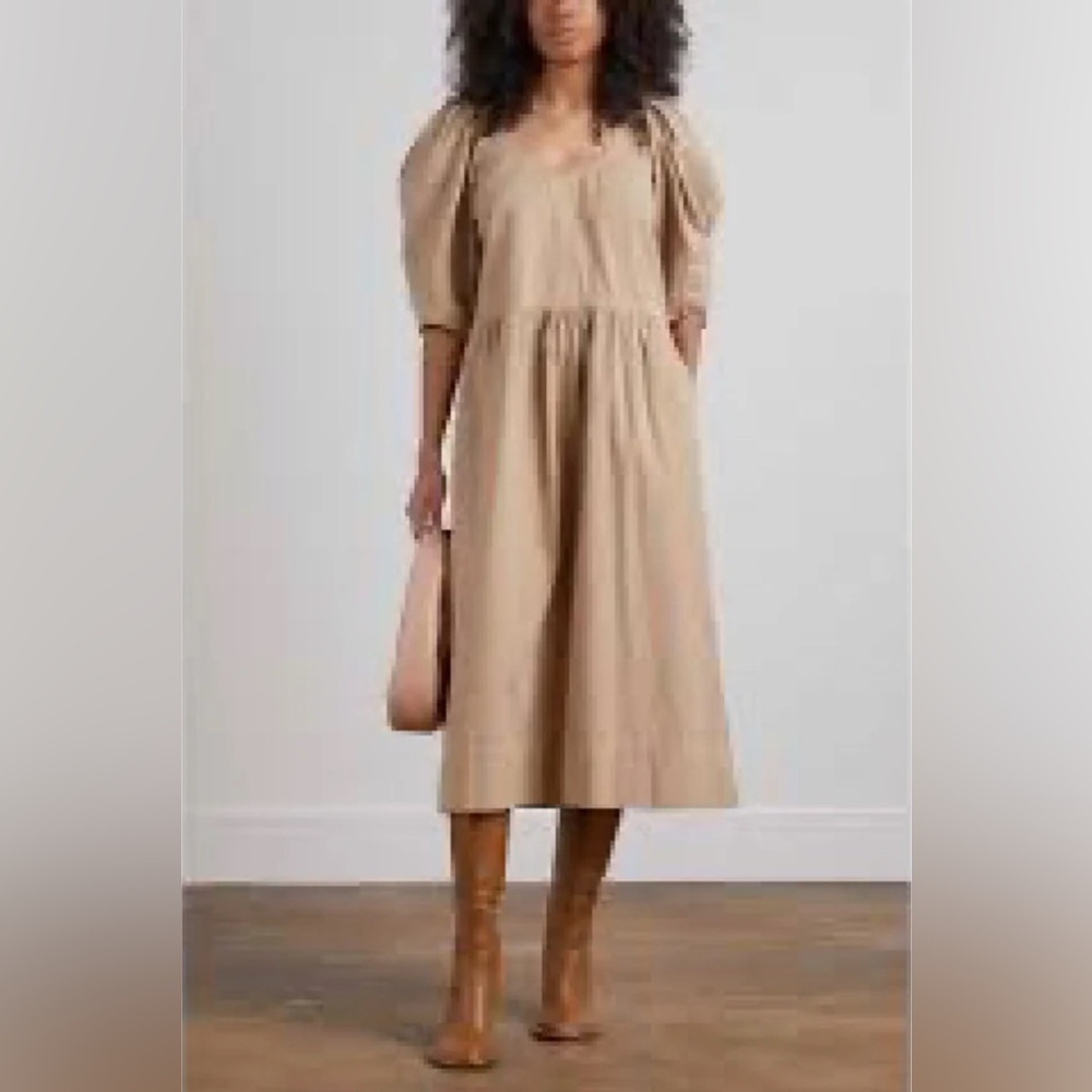 Sea New York Beige Puff-Sleeve Midi Dress